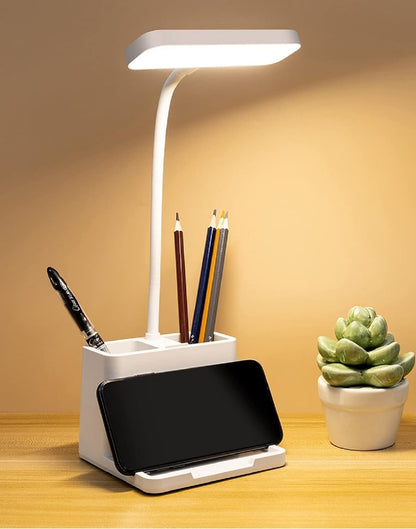 Lamp Plastic 3 Color Mode Led Study Table Desk Lamp For Students With Pen & Phone Holder, Rechargeable Touch On/Off Studying (204White)