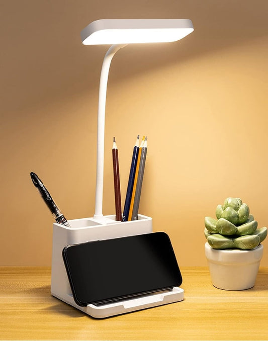 Lamp Plastic 3 Color Mode Led Study Table Desk Lamp For Students With Pen & Phone Holder, Rechargeable Touch On/Off Studying (204White)