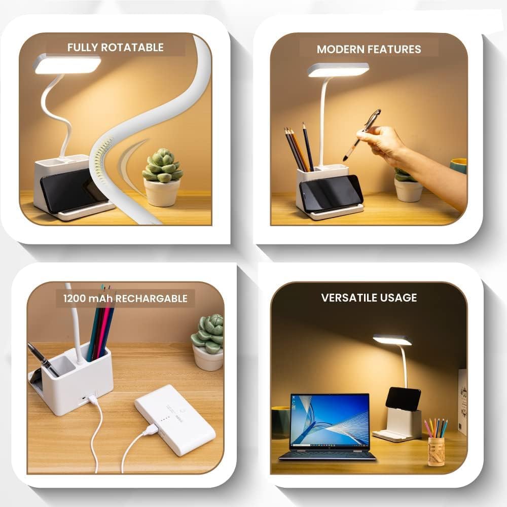 Lamp Plastic 3 Color Mode Led Study Table Desk Lamp For Students With Pen & Phone Holder, Rechargeable Touch On/Off Studying (204White)