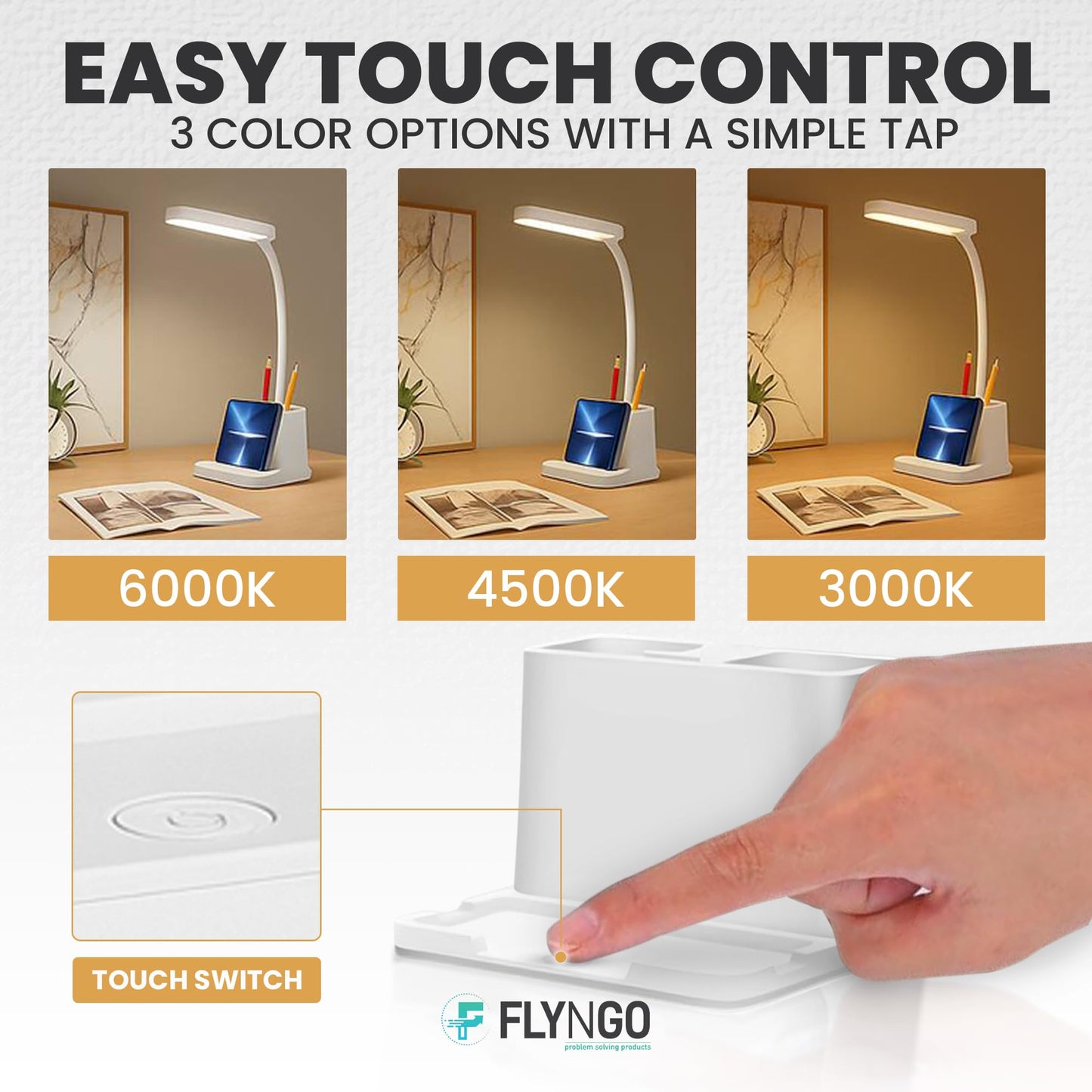 Lamp Plastic 3 Color Mode Led Study Table Desk Lamp For Students With Pen & Phone Holder, Rechargeable Touch On/Off Studying (204White)