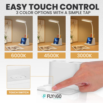 Lamp Plastic 3 Color Mode Led Study Table Desk Lamp For Students With Pen & Phone Holder, Rechargeable Touch On/Off Studying (204White)