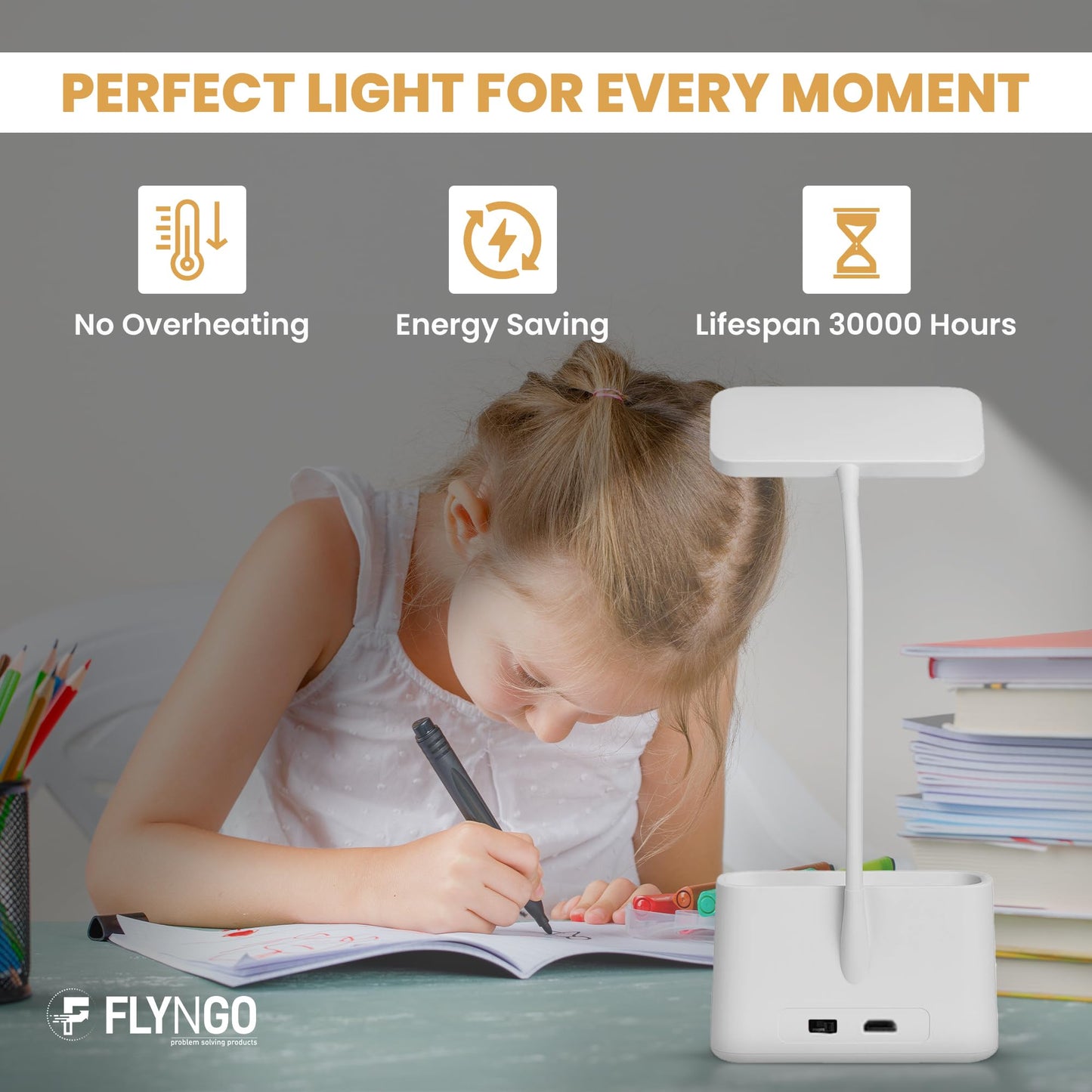 Lamp Plastic 3 Color Mode Led Study Table Desk Lamp For Students With Pen & Phone Holder, Rechargeable Touch On/Off Studying (204White)