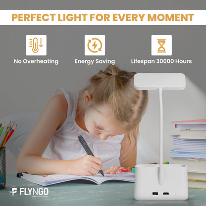 Lamp Plastic 3 Color Mode Led Study Table Desk Lamp For Students With Pen & Phone Holder, Rechargeable Touch On/Off Studying (204White)