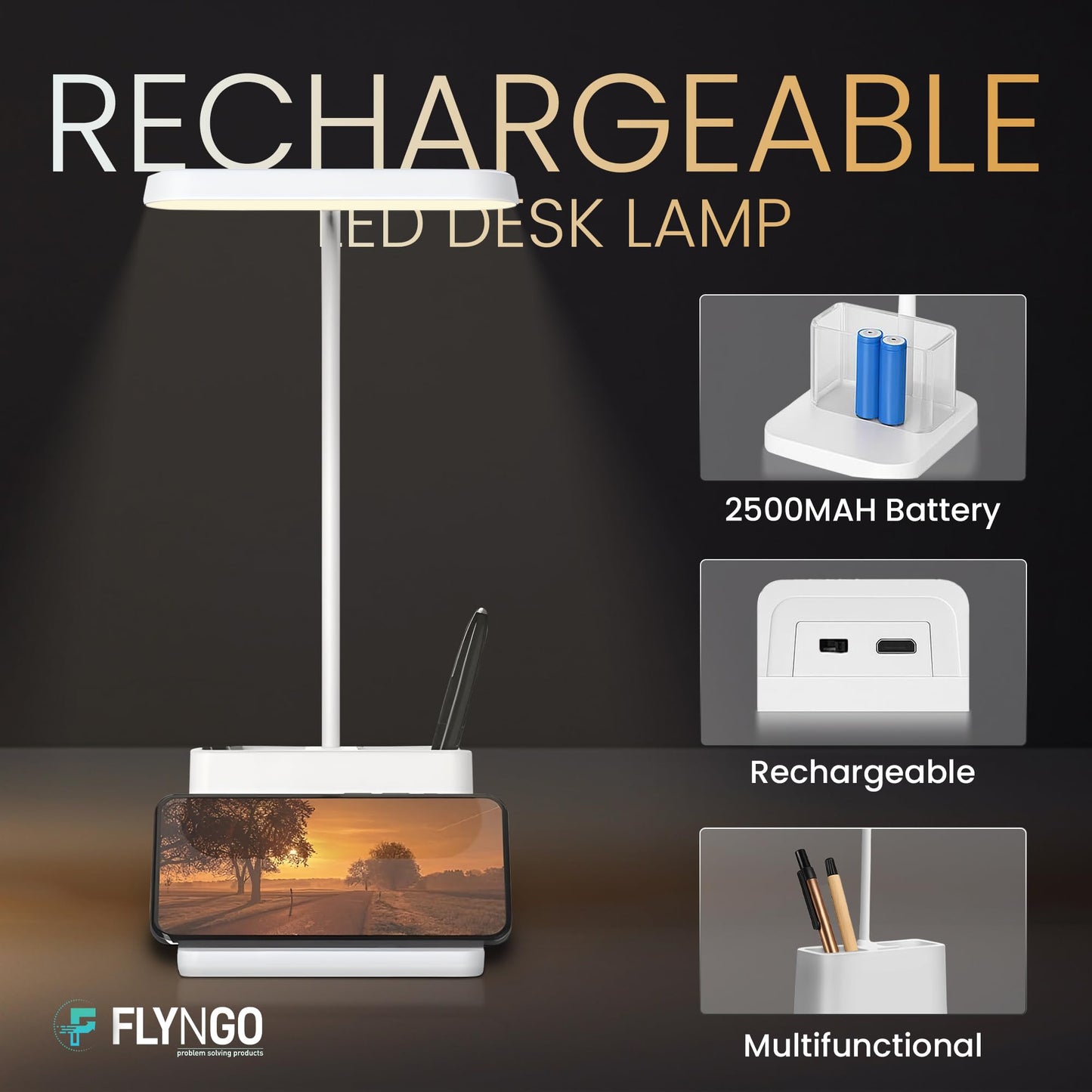 Lamp Plastic 3 Color Mode Led Study Table Desk Lamp For Students With Pen & Phone Holder, Rechargeable Touch On/Off Studying (204White)