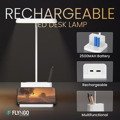Lamp Plastic 3 Color Mode Led Study Table Desk Lamp For Students With Pen & Phone Holder, Rechargeable Touch On/Off Studying (204White)