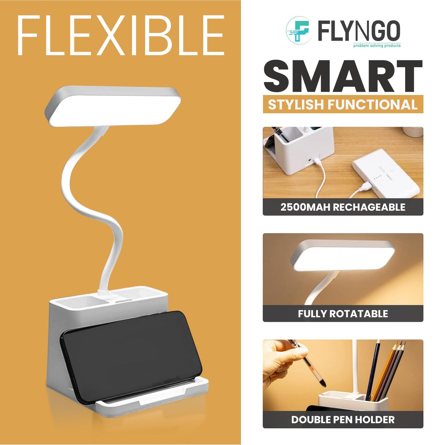 Lamp Plastic 3 Color Mode Led Study Table Desk Lamp For Students With Pen & Phone Holder, Rechargeable Touch On/Off Studying (204White)