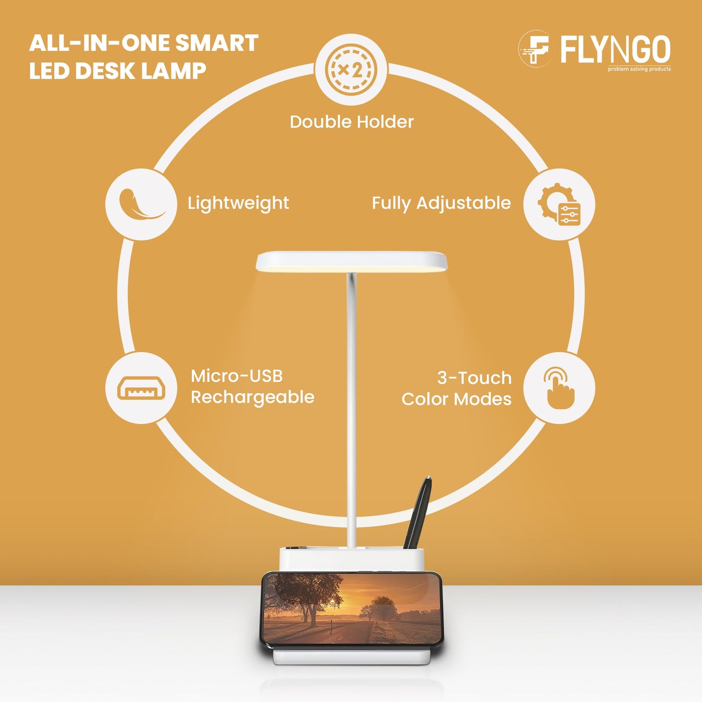 Lamp Plastic 3 Color Mode Led Study Table Desk Lamp For Students With Pen & Phone Holder, Rechargeable Touch On/Off Studying (204White)